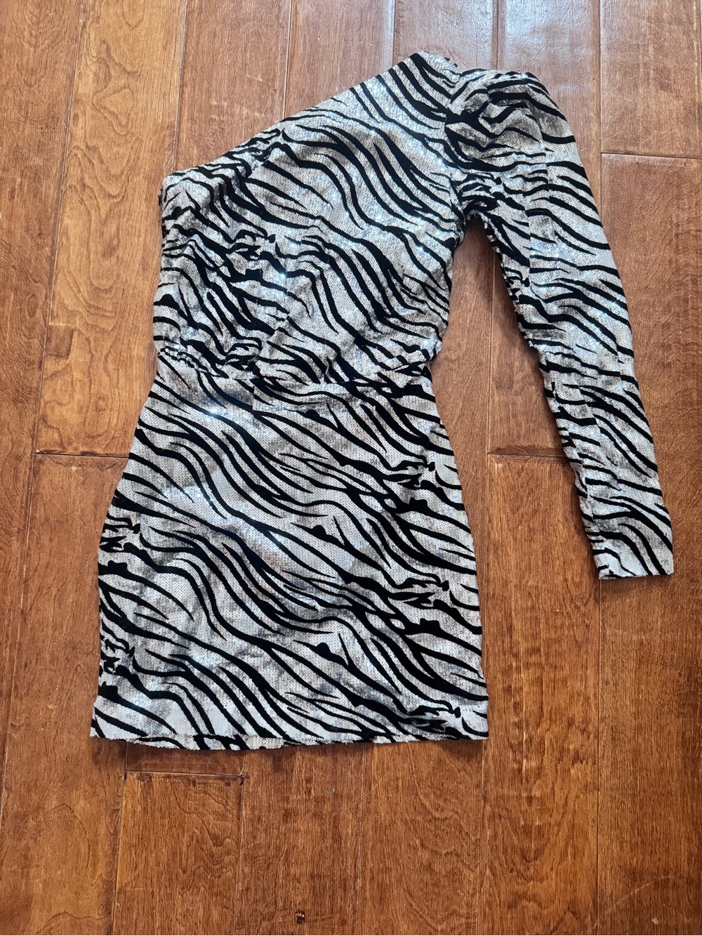 One-Shoulder Zebra Print Mini Dress in Black and Silver sequins